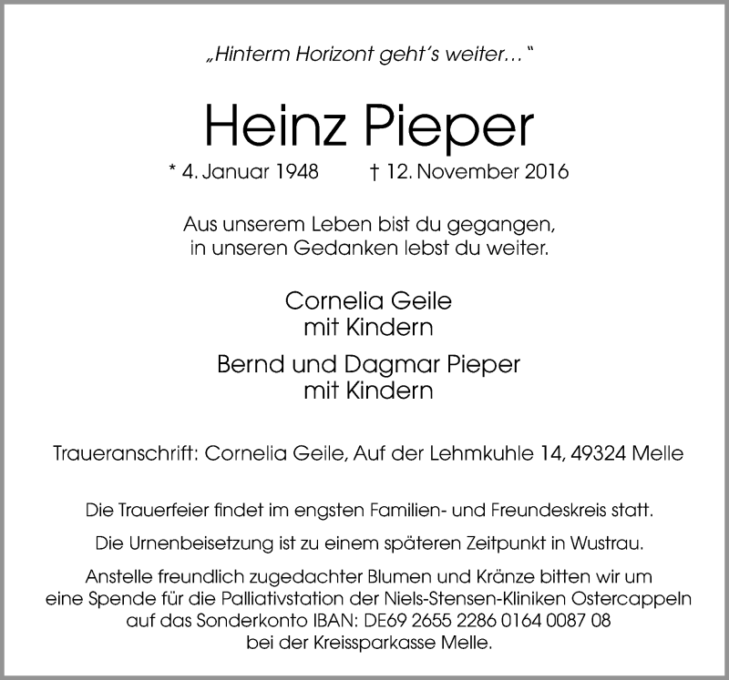  Traueranzeige für Heinz Pieper vom 16.11.2016 aus Neue Osnabrücker Zeitung GmbH & Co. KG