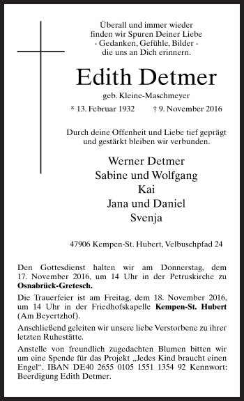 Traueranzeige von Edith Detmer von Neue Osnabrücker Zeitung GmbH & Co. KG