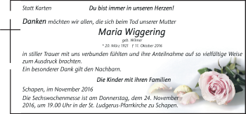 Traueranzeige von Maria Wiggering von Neue Osnabrücker Zeitung GmbH & Co. KG