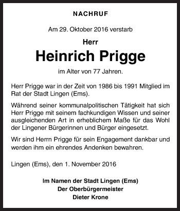 Traueranzeige von Heinrich Prigge von Neue Osnabrücker Zeitung GmbH & Co. KG