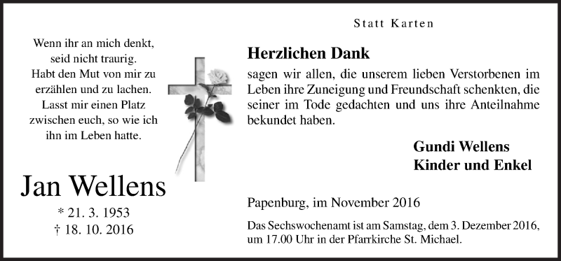  Traueranzeige für Jan Wellens vom 30.11.2016 aus Neue Osnabrücker Zeitung GmbH & Co. KG