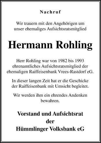 Traueranzeige von Hermann Rohling von Neue Osnabrücker Zeitung GmbH & Co. KG