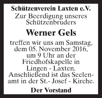 Traueranzeige von Werner Gels von Neue Osnabrücker Zeitung GmbH & Co. KG