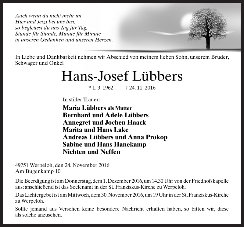  Traueranzeige für Hans-Josef Lübbers vom 28.11.2016 aus Neue Osnabrücker Zeitung GmbH & Co. KG