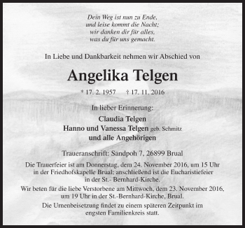 Traueranzeige von Angelika Telgen von Neue Osnabrücker Zeitung GmbH & Co. KG