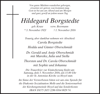 Traueranzeige von Hildegard Borgstedte von Neue Osnabrücker Zeitung GmbH & Co. KG