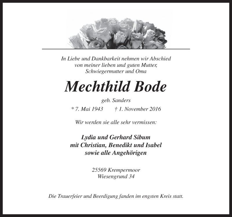  Traueranzeige für Mechthild Bode vom 19.11.2016 aus Neue Osnabrücker Zeitung GmbH & Co. KG