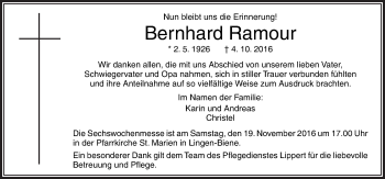 Traueranzeige von Bernhard Ramour von Neue Osnabrücker Zeitung GmbH & Co. KG