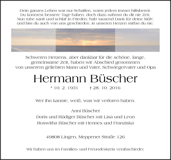 Traueranzeige von Hermann Büscher von Neue Osnabrücker Zeitung GmbH & Co. KG