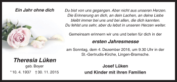 Traueranzeige von Theresia Lüken von Neue Osnabrücker Zeitung GmbH & Co. KG