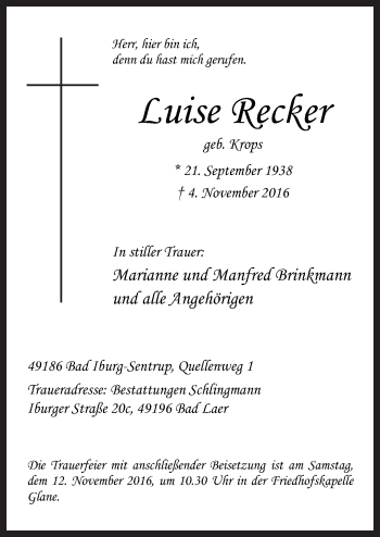Traueranzeige von Luise Recker von Neue Osnabrücker Zeitung GmbH & Co. KG