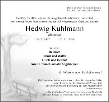 Traueranzeige von Hedwig Kuhlmann von Neue Osnabrücker Zeitung GmbH & Co. KG