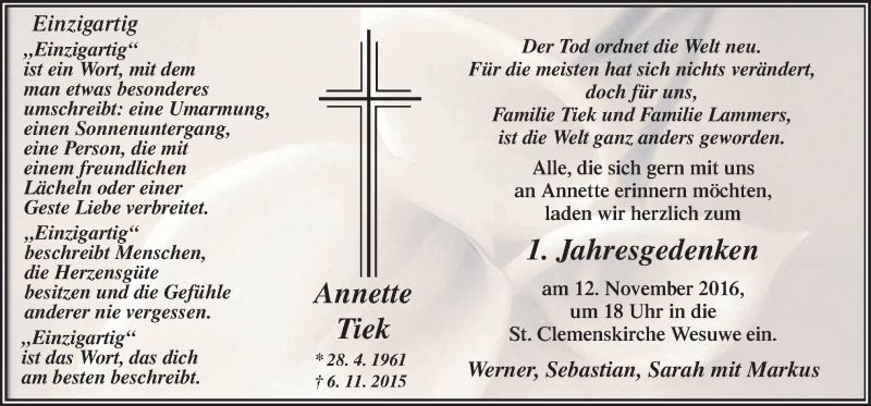  Traueranzeige für Annette Tiek vom 08.11.2016 aus Neue Osnabrücker Zeitung GmbH & Co. KG