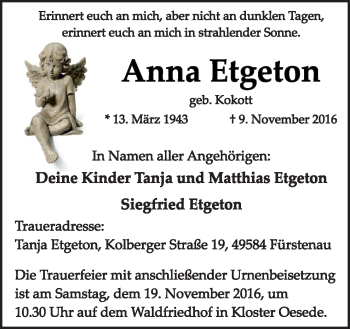 Traueranzeige von Anna Etgeton von Neue Osnabrücker Zeitung GmbH & Co. KG