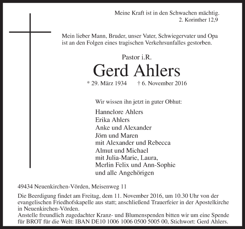  Traueranzeige für Gerd Ahlers vom 09.11.2016 aus Neue Osnabrücker Zeitung GmbH & Co. KG