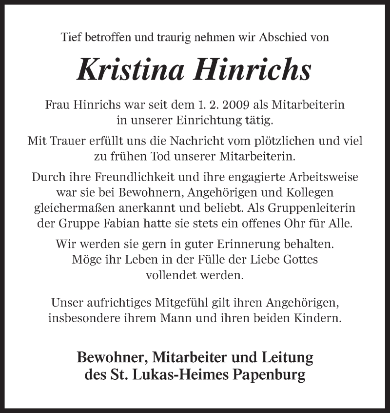  Traueranzeige für Kristina Hinrichs vom 03.11.2016 aus Neue Osnabrücker Zeitung GmbH & Co. KG