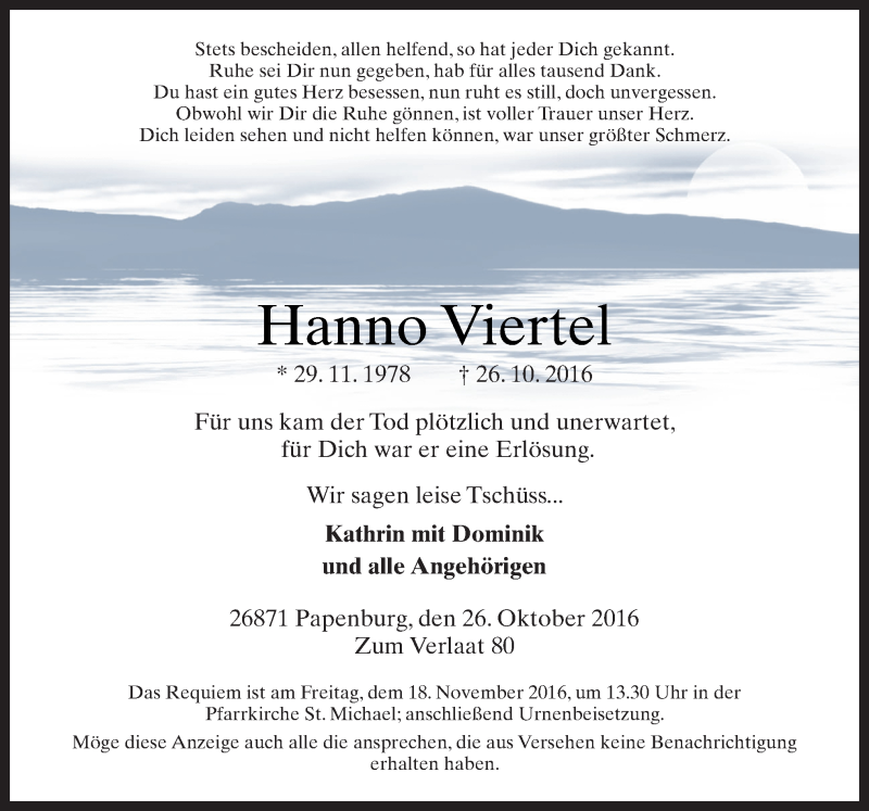  Traueranzeige für Hanno Viertel vom 14.11.2016 aus Neue Osnabrücker Zeitung GmbH & Co. KG