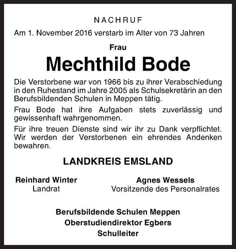  Traueranzeige für Mechthild Bode vom 17.11.2016 aus Neue Osnabrücker Zeitung GmbH & Co. KG