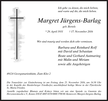 Traueranzeige von Margret Jürgens-Barlag von Neue Osnabrücker Zeitung GmbH & Co. KG