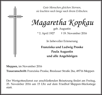 Traueranzeige von Magaretha Kopkau von Neue Osnabrücker Zeitung GmbH & Co. KG