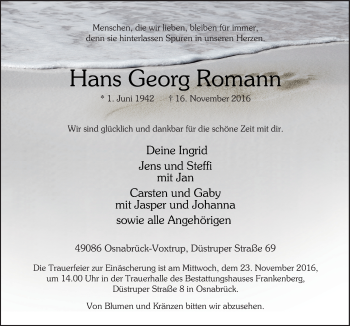 Traueranzeige von Hans Georg Romann von Neue Osnabrücker Zeitung GmbH & Co. KG