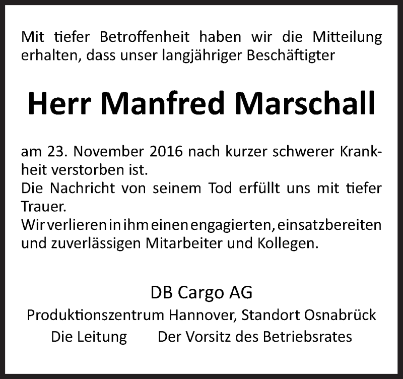  Traueranzeige für Manfred Marschall vom 25.11.2016 aus Neue Osnabrücker Zeitung GmbH & Co. KG