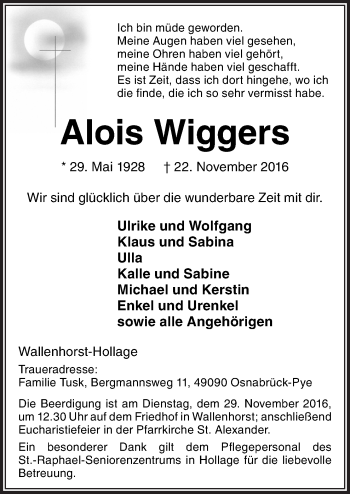 Traueranzeige von Alois Wiggers von Neue Osnabrücker Zeitung GmbH & Co. KG