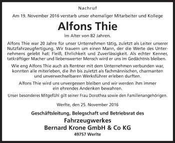 Traueranzeige von Alfons Thie von Neue Osnabrücker Zeitung GmbH & Co. KG