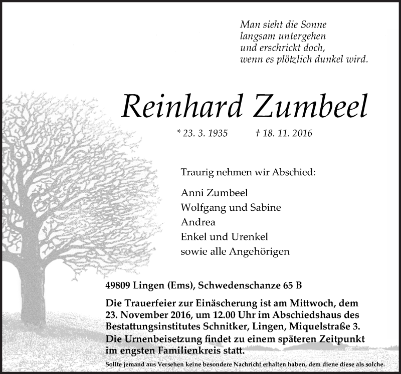  Traueranzeige für Reinhard Zumbeel vom 21.11.2016 aus Neue Osnabrücker Zeitung GmbH & Co. KG