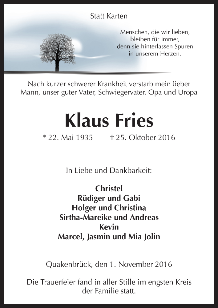  Traueranzeige für Klaus Fries vom 02.11.2016 aus Neue Osnabrücker Zeitung GmbH & Co. KG