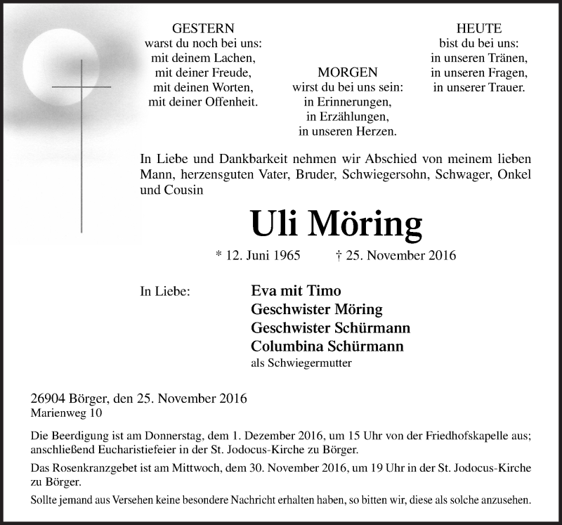  Traueranzeige für Uli Möring vom 28.11.2016 aus Neue Osnabrücker Zeitung GmbH & Co. KG