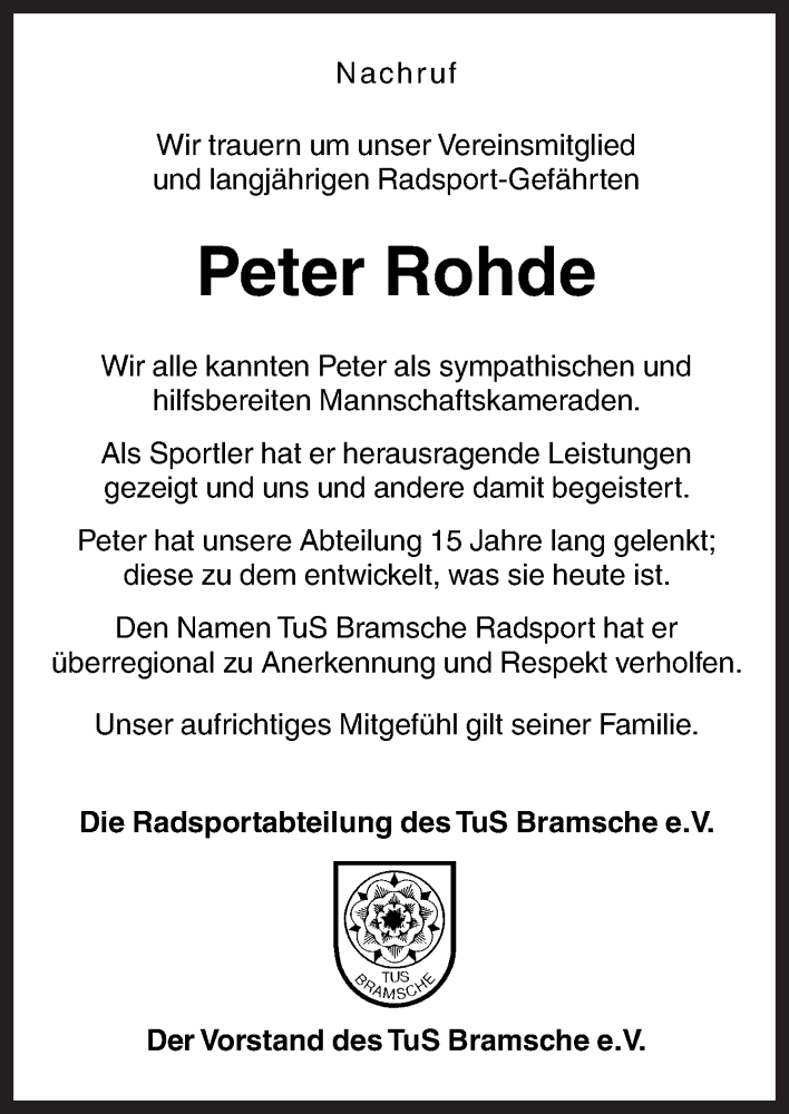  Traueranzeige für Peter Rohde vom 24.11.2016 aus Neue Osnabrücker Zeitung GmbH & Co. KG