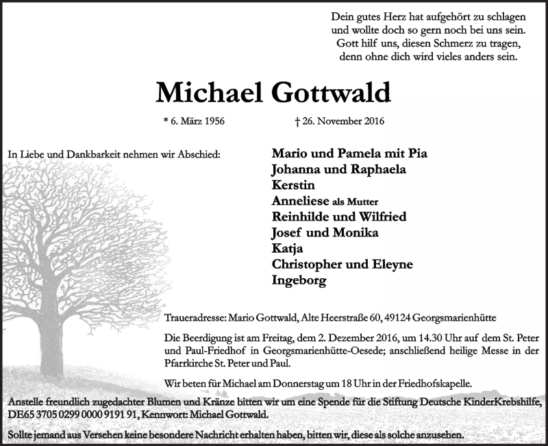  Traueranzeige für Michael Gottwald vom 29.11.2016 aus Neue Osnabrücker Zeitung GmbH & Co. KG
