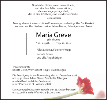 Traueranzeige von Maria Greve von Neue Osnabrücker Zeitung GmbH & Co. KG