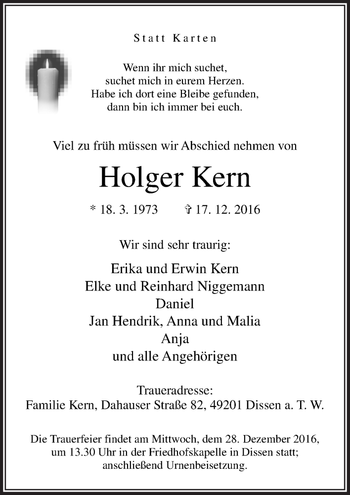  Traueranzeige für Holger Kern vom 22.12.2016 aus Neue Osnabrücker Zeitung GmbH & Co. KG