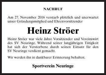 Traueranzeige von Heinz Ströer von Neue Osnabrücker Zeitung GmbH & Co. KG