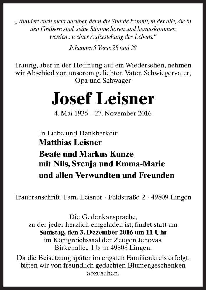  Traueranzeige für Josef Leisner vom 01.12.2016 aus Neue Osnabrücker Zeitung GmbH & Co. KG