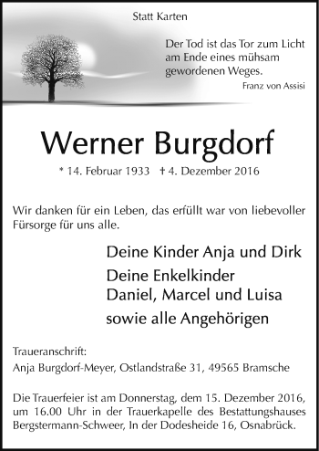Traueranzeige von Werner Burgdorf von Neue Osnabrücker Zeitung GmbH & Co. KG