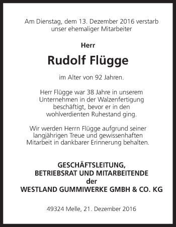 Traueranzeige von Rudolf Flügge von Neue Osnabrücker Zeitung GmbH & Co. KG