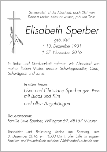 Traueranzeige von Elisabeth Sperber von Neue Osnabrücker Zeitung GmbH & Co. KG