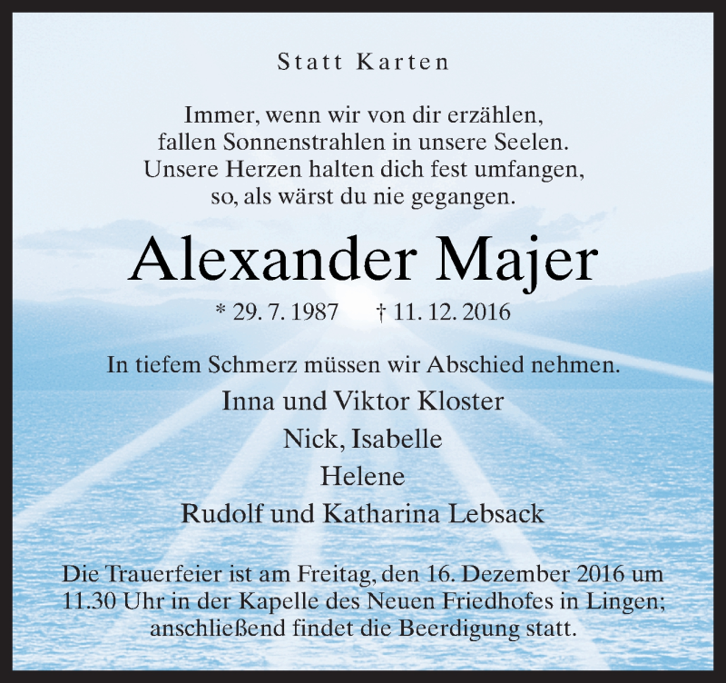  Traueranzeige für Alexander Majer vom 14.12.2016 aus Neue Osnabrücker Zeitung GmbH & Co. KG