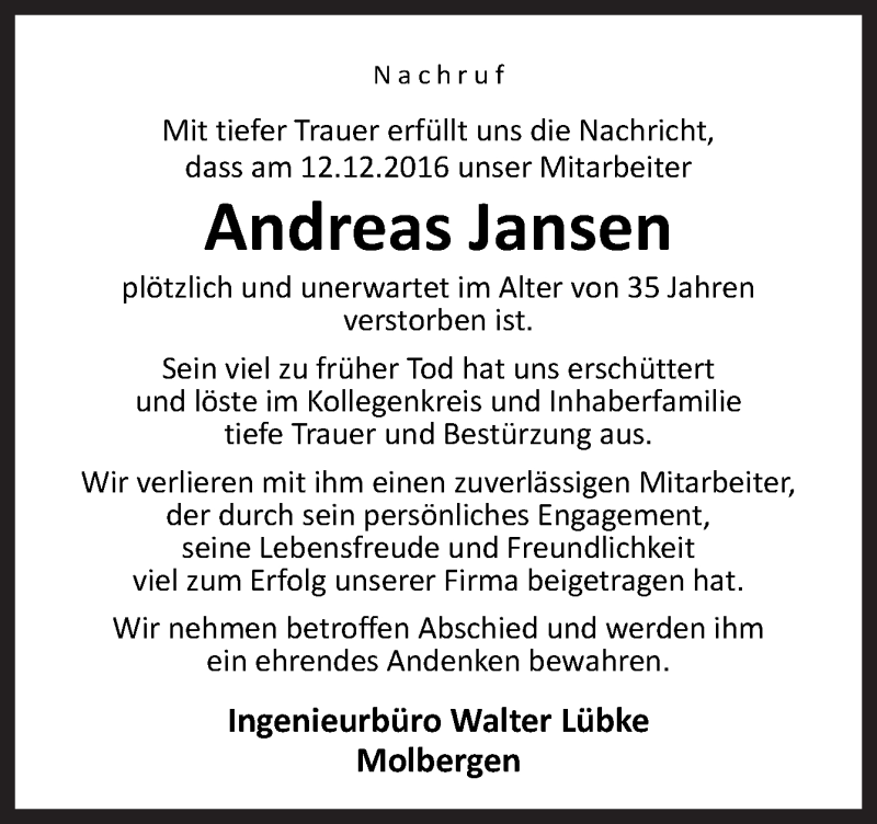  Traueranzeige für Andreas Jansen vom 16.12.2016 aus Neue Osnabrücker Zeitung GmbH & Co. KG