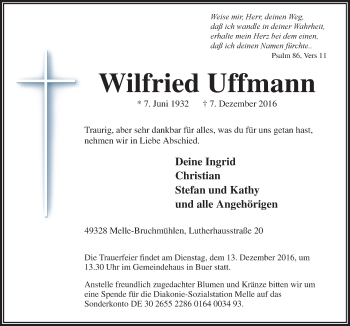 Traueranzeige von Wilfried Uffmann von Neue Osnabrücker Zeitung GmbH & Co. KG