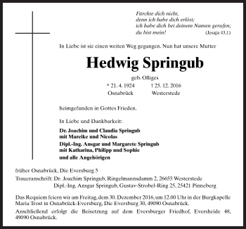 Traueranzeige von Hedwig Springub von Neue Osnabrücker Zeitung GmbH & Co. KG