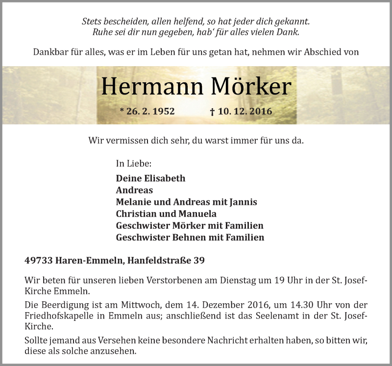  Traueranzeige für Hermann Mörker vom 12.12.2016 aus Neue Osnabrücker Zeitung GmbH & Co. KG
