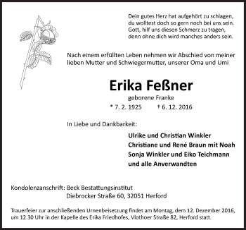 Traueranzeige von Erika Feßner von Neue Osnabrücker Zeitung GmbH & Co. KG