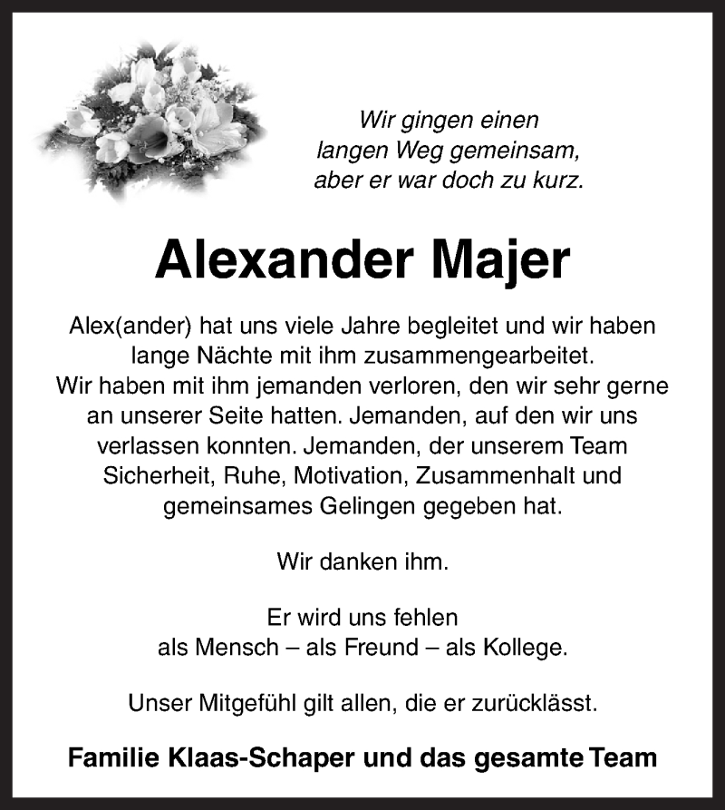  Traueranzeige für Alexander Majer vom 16.12.2016 aus Neue Osnabrücker Zeitung GmbH & Co. KG
