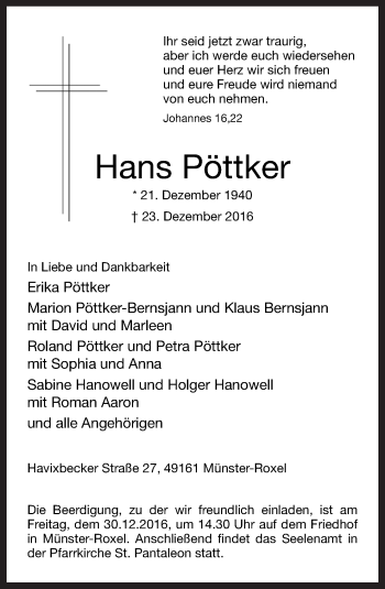 Traueranzeige von Hans Pöttker von Neue Osnabrücker Zeitung GmbH & Co. KG