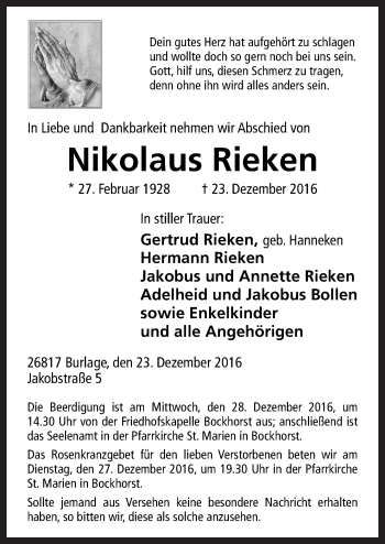 Traueranzeige von Nikolaus Rieken von Neue Osnabrücker Zeitung GmbH & Co. KG