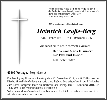 Traueranzeige von Heinrich Große-Berg von Neue Osnabrücker Zeitung GmbH & Co. KG